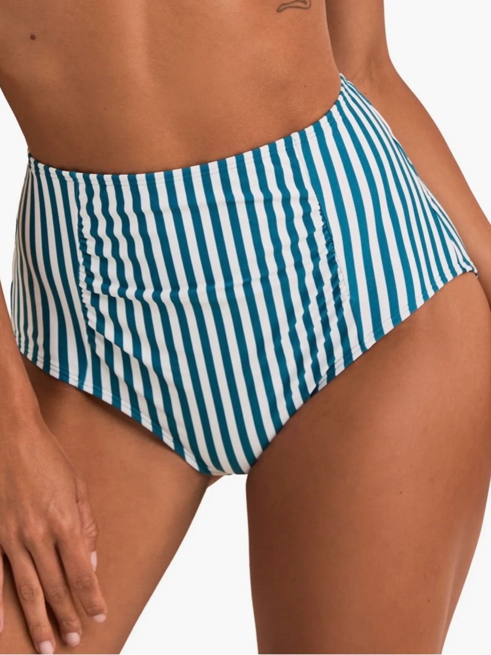 NWOT Adore Me Shelby High-Waist Stripe Swim Bottoms - Teal/White sz M